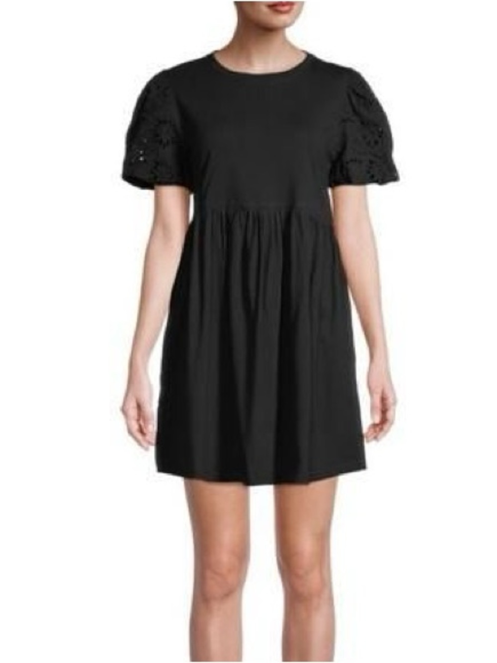 Avec Les Filles Eyelet Puff Sleeve 100% Cotton Mini Dress - Black - Medium